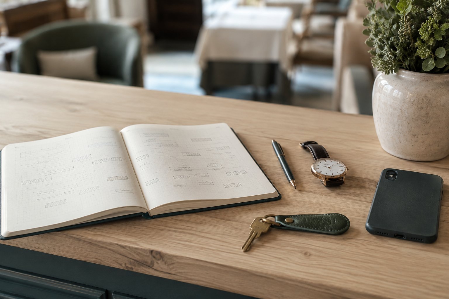 Carnet ouvert sur une table en bois, stylo, montre, téléphone et clés : une scène de préparation et d’organisation simple.