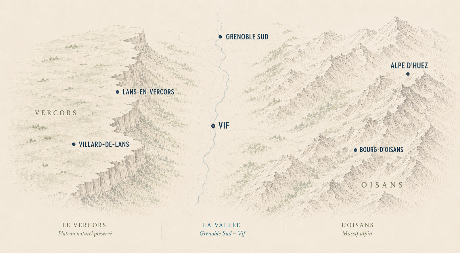 Carte illustrée du territoire d'intervention : Vercors, Grenoble Sud, Vif, Bourg-d'Oisans et Alpe d'Huez
